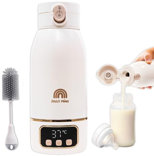 JOLLY MINO Scaldabiberon Portatile Senza Fili 500ml, Acciaio Inox, Temperatura Regolabile 35-55°C, Acqua e Latte Materno, Viaggio/Auto/Notte, Spazzolino Incluso, Design Dorato Premium