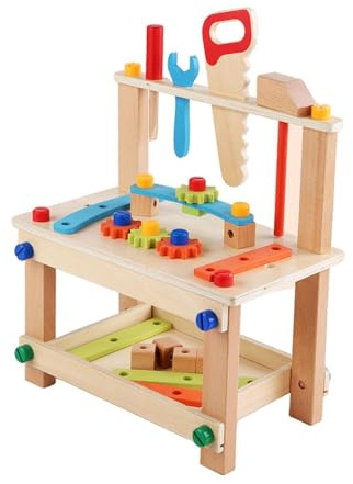 QUILSTM Langlebiges pädagogisches Werkstattspielzeug für Kinder im Alter von 1–6 Jahren. Holzwerkbank mit lustigen Elektrowerkzeugen