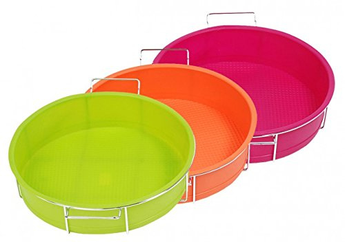 Silikon Backform 25 cm Ø - orange, grün oder pink - Silikonbackform mit Metallgestell - Tortenform silikon - Kuchenbackform - Kuchenform - Torte, Farbe:Grün