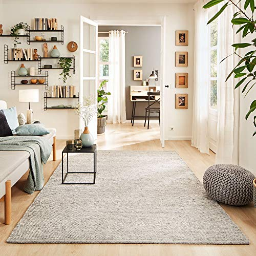 Steffensmeier Handwebteppich Rubi in Grau aus 100% Schurwolle mit Fusselstopp, gewalkt, Ökologisch geprüft, Größe: 250x300 cm