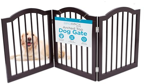 INTERNET'S BEST Arched Top Dog Gate | 3 Panel, 24 H Wooden Pet Barrier for Dogs or Cats | Freestanding Folding Room Divider for Doorways, Hallways, Stairs, and Porch | Portable, Extra Wide | Espresso