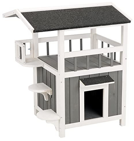 Trixie Outdoor Cat House, Weatherproof 2-Story Cat House with Balcony and Shade, Side Steps, Railings & Raised Floor, Outdoor Shelter for Cats and Small Dogs, Gray/White Fir Wood