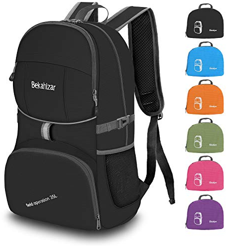 Bekahizar Handgepäck Rucksack 35 Liter, Leichter Faltbarer Reiserucksack für Herren Damen Outdoor Camping Wandern Radfahren Tageswanderungen (schwarz)
