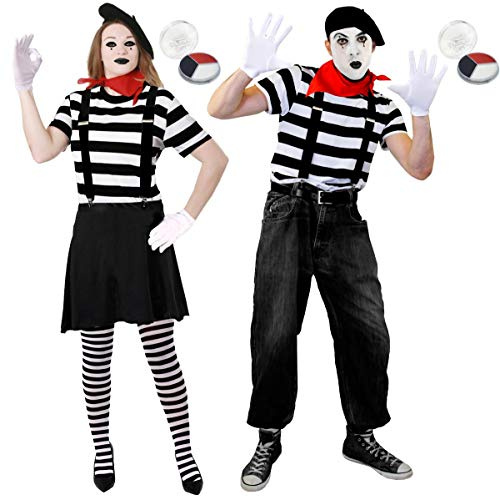 DISFRAZ DE MIMO PARA PAREJAS CONJUNTO TEMATICO CON 2 CAMISAS RAYADAS, 2 GORRAS, 2 PARES DE SUSPENSIONES, PINTURAS FACIALES, GUANTES Y 2 BANDANAS ROJAS PARA ADULTOS PARA FIESTAS TEMATICAS (L-XL)