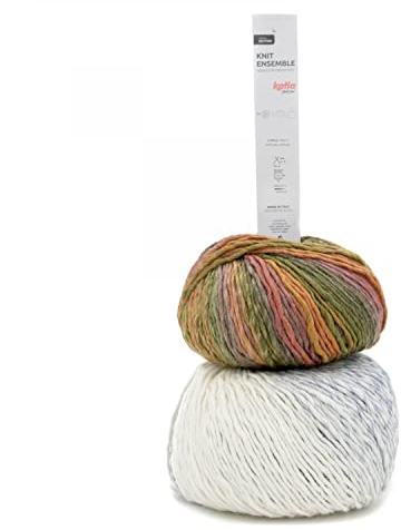 FIL Katia Neu! 250g Knit Ensemble - Farbe: 401 - Naturweiß-Jeans-Khaki-lachs - Stricke oder Häkle einen Rundschal und eine Mütze aus der Limited Edition.