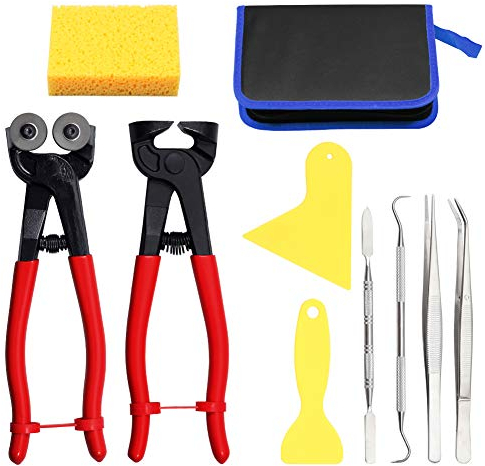 SPEEDWOX 10PCS Mosaic Tools Kit Heavy Duty Glass Mosaic Nippers Tile Cutting Pliers Set with Tweezers Scrapers Double-Ended Hook Spatula Sponge Leather Zipper Bag Stained Glass Tools