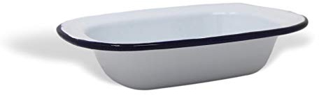 White Enamel Blue Rim Oval Pudding Pie Oven Tin Dish 16CM