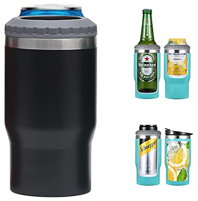 Gteller 4 in 1 Stainless Steel Can/Bottle Insulator, 14oz Two-Way Lids SUS Insulated Can Cooler, Beer Bottle Holder (Black)