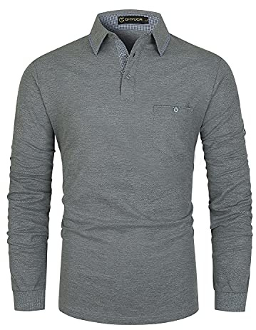 GHYUGR Mens Long Sleeve Polos with Classic Plaid Splice Golf Polo Shirts