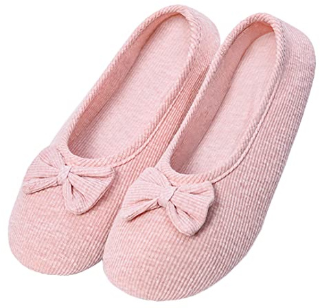 Damen Mädchen Baumwolle Geschlossene Hausschuhe Weicher Ballerina Slippers mit Süßer Schleife Indoor Gemütlich Warme Slippers Leicht Hausschuhe für Schlafzimmer Wohnzimmer Büro (S, Rosa, numeric_35)