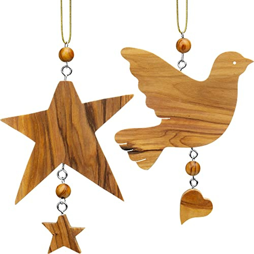 SIKORA OH-SET7 Baumschmuck Olivenholz Anhänger aus Bethlehem Stern und Taube 2er Set