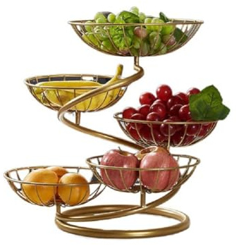 JUNYFFF Corbeille À Fruits 5 Étages, Grande Porte-Fruits En Acier, Panier À Pain En Métal, Étagère De Comptoir Décorative, Bol De Fruits, D'or
