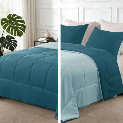 Exclusivo Mezcla Lightweight Reversible Twin Size Comforter Set, Down Alternative Comforter with 1 Pillow Sham, Twin Size Bedding Set for All Seasons, Dusty Teal/Aqua Blue