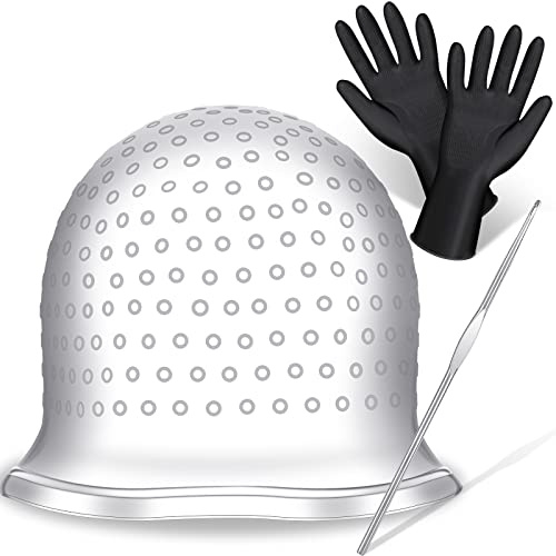 Canlierr Silicone Highlight Cap with Hook and Gloves Hair Highlighting Kit Hair Dye Coloring Cap Reusable Pull Through Frosting Accessories for Salon Home Hairdressing