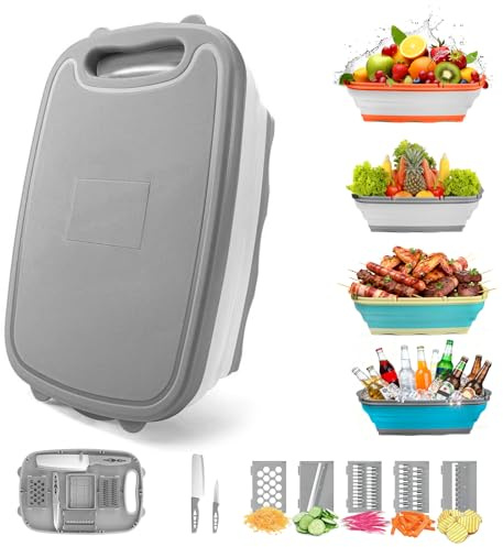 Gintan Camping Cutting Board, 9-in-1 Collapsible Chopping Board with Colander, Kitchen Vegetable Washing Basket for Camping, Camping Gifts Camping Accessories for RV Campers (Gray)