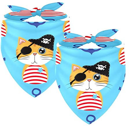 Hundehalstuch, Hundehalstuch, waschbar, Zubehör für kleine, mittelgroße und große Hunde, Welpen, Katzen, Piratenschiff, Anker, Katze, blauer Hintergrund, 2 Stück