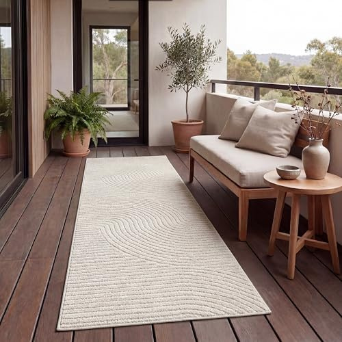 Paco Home Teppich Outdoor Wetterfest, Moderne abstrakte Boho Designs mit 3D Struktur, Pflegeleicht, ideal für Terrasse Wohnzimmer & Küche, Grösse:80x150 cm, Farbe:Creme 2