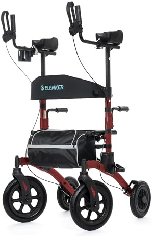 ELENKER All-Terrain Upright Rollator Walker, Stand up Rolling Walker with Seat, 12” Non-Pneumatic Tire Wheels, Compact Folding Design for Seniors, Red