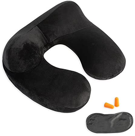 Inflatable Travel Pillow - 100% Soft Velvet Neck Support for Traveling, Airplanes, Trains, Cars, and Offices with Compact Carrying Bag, Breathable and Washable Cover, Ideal for Adult Sleepers -Black