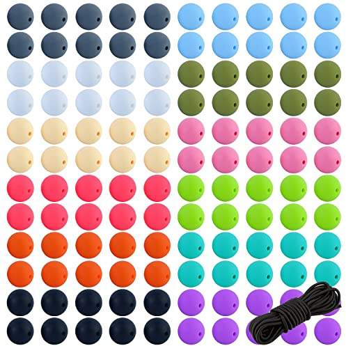 MaehSab 120 st 12 mm silikon runda pärlor bulk med 5 meter elastiskt pärlband, gör-det-själv hantverk tillverkning kit för halsband armband nyckelring nyckelband smycken