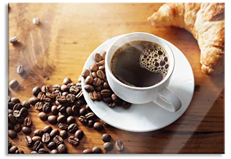 Pixxprint Glasbild, Wandbild aus Echtglas, Tasse Kaffee mit Bohnen und Croissant, 60x40 cm, inkl. Aufhängung und Abstandshalter