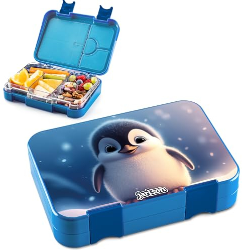 Jarlson® Brotdose Kinder mit Fächern - TONI Lunchbox - Bento Box auslaufsicher – Jausenbox für Kindergarten und Schule - Mädchen und Jungen | Vesperbox | Snackbox (PINGUIN)