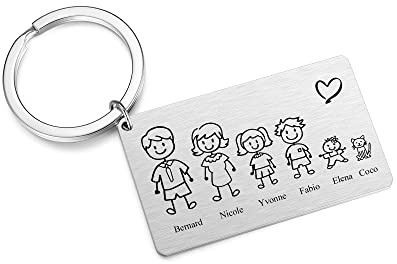 PiercingJak Porte clé Famille Personnalisé Porte clef Personnalisable Nom des Enfants Parents Familles Frères Sœurs Acier Inoxydable Cadeau Fête des Pères Mères Anniversaire Noël
