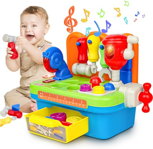 Cinne Toddler Tool Set, Kids Tool Bench with Light & Sound, Toddler Workbench with Shape Sorter, Toys for 1 Year Old Boy Gifts