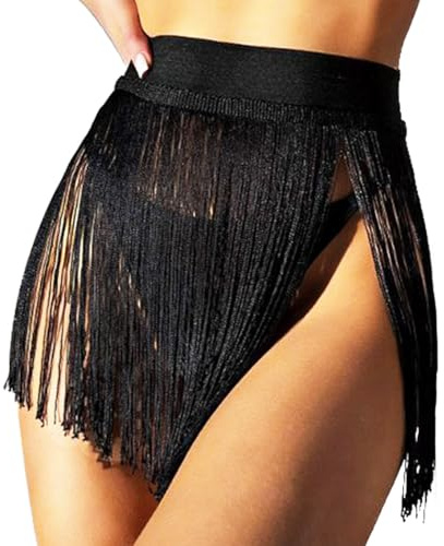 Ushiny Fringe Jupe Tassel Jupe Rave Outfit Beach Cover Up Festival Costume pour Femmes et Filles(Noir)