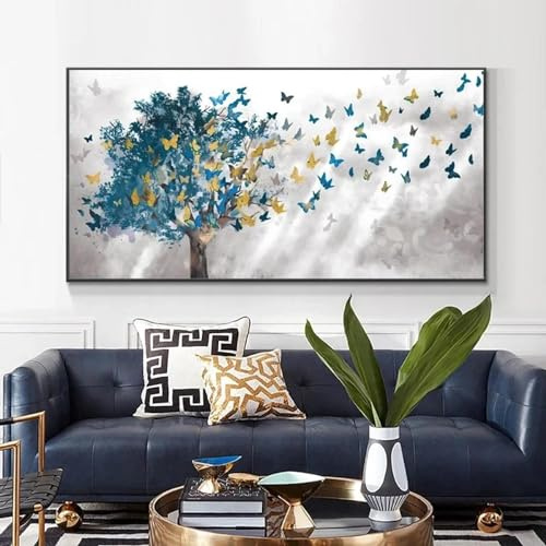 Moderno nórdico azul árbol mariposa lienzo pintura pared arte carteles impresiones cuadros de pared para sala de estar decoración de la pared del hogar 25.6 x 51.2 in (26 x 51 pulgadas) marco interno