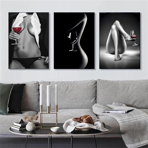 AWKFHF Schwarz Weiß Bilder Sexy Frau mit Weinglas Leinwand Malerei Poster Kunstdruck Schlafzimmer Wohnzimmer Wand Deko(Kein Rahmen) (3X60X90CM)