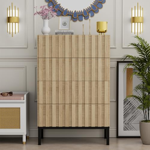 UEV Kommode mit Schublanden, 60 x 34,5 x 92cm, Schrank mit 4 Schubladen, Schmal Kommode,Aufbewahrungskommode,Schrank für Wohnzimmer,Schlafzimmer,Flur(Natur)