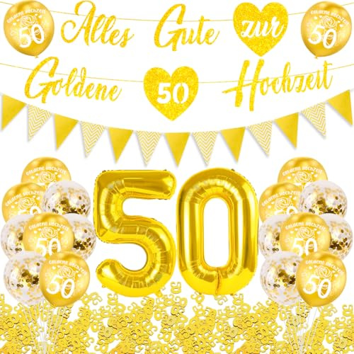 Goldene Hochzeit Deko Set - Luftballons, Banner, Girlande, Zahl 50 Gold, Konfetti - Alles Gute zur 50. Hochzeit