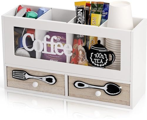 Guolich Porta Cialde Caffe Porta Capsule Caffe,Portacialde da Caffè,Porta Tisane in Legno con 2 cassetti per Organizzare Capsule, Cialde,Tisane,Zucchero,Cannucce,Bicchierini da Caffè,Bianco