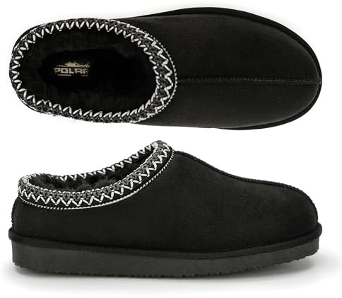 Polar Women’s Faux Suede Shearling Lined Slippers - Warm Memory Foam Indoor Outdoor Slip-On House Shoes with Aztec Trim - Non-Slip Sole for Winter Cosy Comfort - Black - UK 6