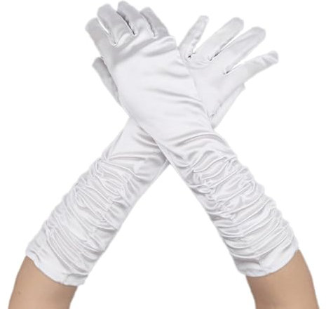 Blausky 1 Paar Handschuhe Lang,Hochzeitshandschuhe,Handschuhe Elegant Damen,Satin Abendhandschuhe,1920er Style,Handschuhe mit Faltungen,für Halloween Karneval Fasching Fest Party Kostüm,Weiß