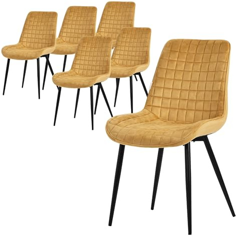 ML-Design Esszimmerstühle 6er Set, Senf, Sitzfläche aus Samt, Schwarzes Stahlgestell, Küchenstühle mit Rückenlehne, Wohnzimmerstühle, Polsterstühle für Esszimmer, Küche & Büro, Gepolsterte Sessel