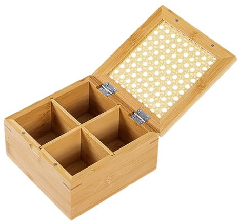 Tea Organizer Box Wooden Tea Bag Holder Coffee Condiment Tea Storage Caddy Chest with 4/6/12 Compartments and Glass Lids for Home, Office, Cafe (Four Grid)