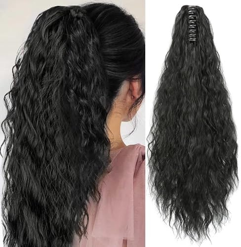 TTPSRY Gewellt Pferdeschwanz Haarteil mit Klammer Verlängerung 50 CM Lange Lockige Wellige Clip in Pferdeschwanz Natürliche Synthetische Haarverlängerungen Haarteil für Damen（Schwarz）