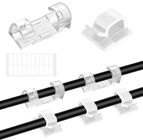 140 Pezzi Fermacavi Adesivi, Clip per Cavi Piccoli, Fermacavi Muro Multiuso, Ferma Cavi Adesivi con Cuscinetto Autoadesivo per Cable Management Interno e Esterno, Bianco e Trasparente