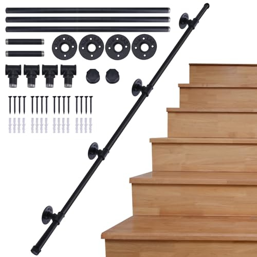 AMLOOPH Banister Handrails for Stairs, 3.6M Hand Rails for Outdoor Steps | Black Bannister Rail For Stairs Hand rail, Non-Slip Industrial Style Wall Mounted Stair Handrails For Indoor Outdoor Steps