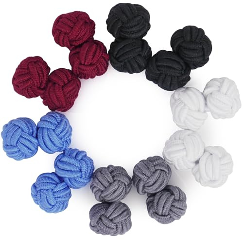 HONEY BEAR 5 Paar Herren/Damen Seide Stoff Knoten Seidenknoten Manschettenknöpfe Set (Rot Grau Blau ohne Box) | Anlaufgeschützt, für Trauzeugen, Vater, Ehemann, Ehefrau, Jahrestag und formelle Veranstaltungen
