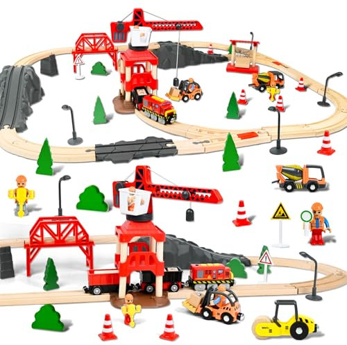 FORMIZON 87 Piezas Pistas de Tren Madera, Ferrocarril Madera con Tren Eléctrico y Coche de Bomberos, Tren Juguetes Regalos de Cumpleaños y Navidad para Niños, Compatible con Las Principales Marcas