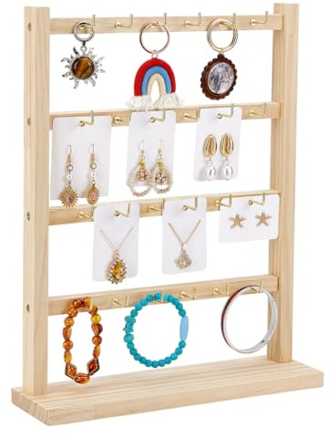 PH PandaHall Espositore per Orecchini in Legno 4 Piano Espositore per Gioielli per Venditori con 24 Ganci per Orecchini Collane Bracciali Portachiavi, 29.8x8.4x37.1cm