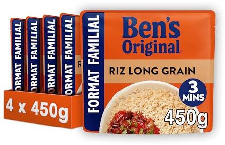 Ben's Original Riz Express Long Grain Format Familial Pack de 4-4x450g | Pack de 4 sachets de riz long grain express en format familial. L'accompagnement universel prêt en 3 minutes au micro-ondes.