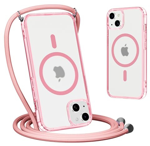 Yoedge Magnetica Cover per iPhone 13 Mini con Cordino 5,4, Compatibile con Magsafe, Traslucida Opaca Ultra Sottile Silicone TPU Antiurto Custodia con Collana Laccio Tracolla per iPhone 13 Mini, Rosa