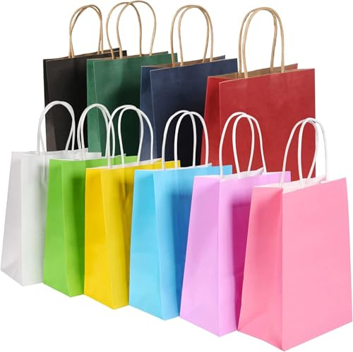 BESCOST Lot de 20 sacs cadeaux en papier kraft avec anse - 21 x 27 x 11 cm - Sacs cadeaux pour shopping, mariage, emballage, fête, anniversaire, Noël - 130 g/m² - Multicolore