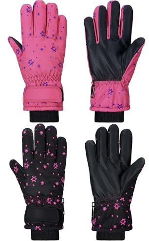 SATINIOR 2 Pairs Kids Waterproof Winter Snow Gloves Ski Gloves for Boy Girl Outdoor Warm Thickening Snowboard(Rose Red, Black,6-10 Years)