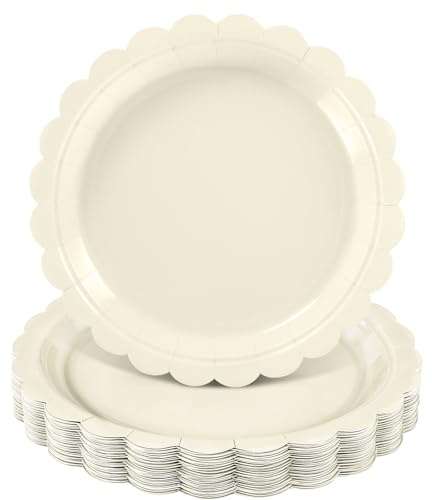 NatNarr 30 pièces Assiettes en carton ivoire 22,9 cm Assiettes à bords festonnés en crème jetables Assiettes mignonnes beiges pour dessert, gâteau, fête, dîner pour fête prénatale, mariage
