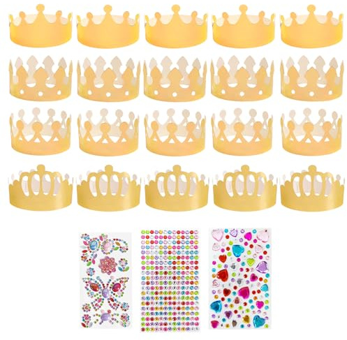 20 stycken gyllene papperskronor, födelsedagskronor, festhattar, barnfödelsedag, hantverk, med 3 ark strass-klistermärken, gör-det-själv-kronor, pyssel, barnfödelsedag, för prins, prinsessa, vuxna